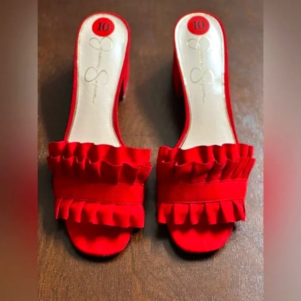 Jessica Simpson Red Mini Block Heel Slides - Size… - image 1